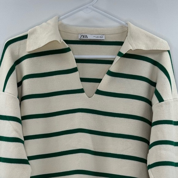 Zara Striped Polo V-Neck Collar‎ Coastal Soft Sweater, Green and White, Size S - Picture 9 of 13